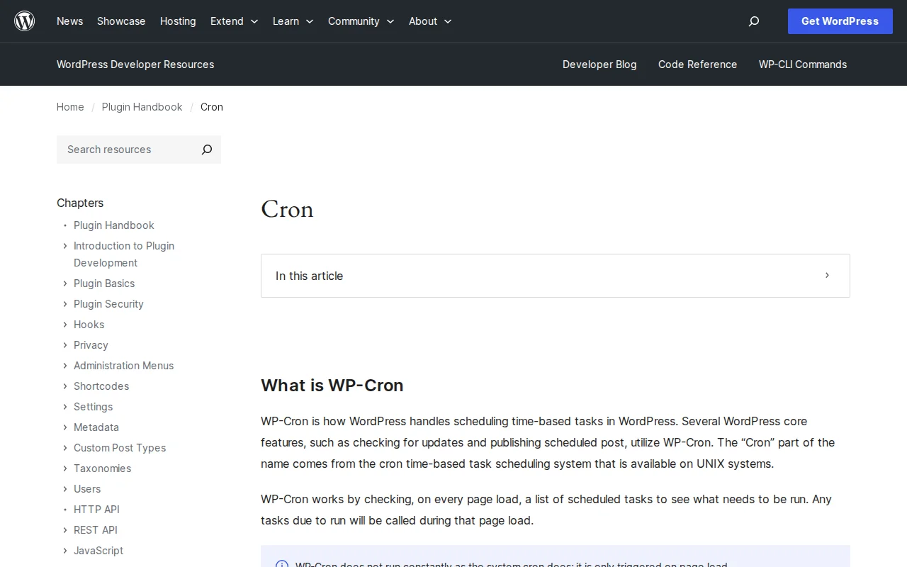 WordPress Cron documentation in the Plugin Handbook on developer.wordpress.org