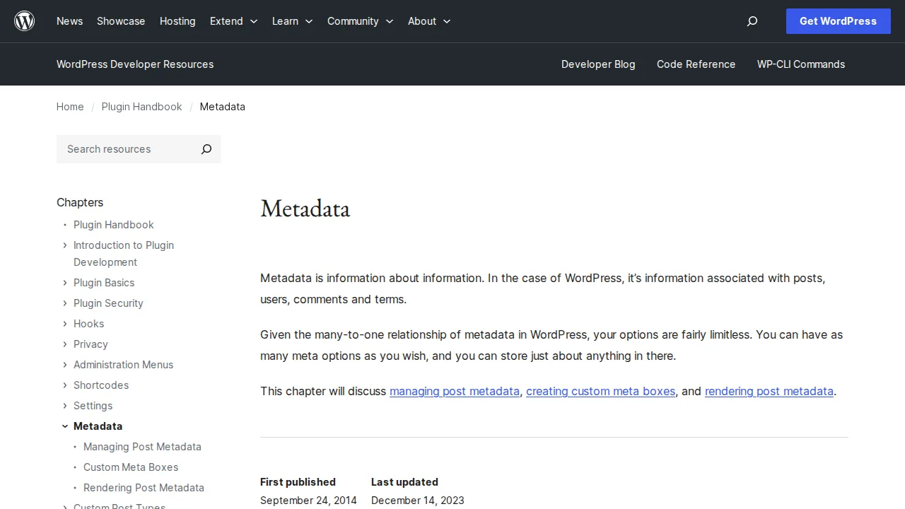 WordPress developer documentation for metadata and custom fields