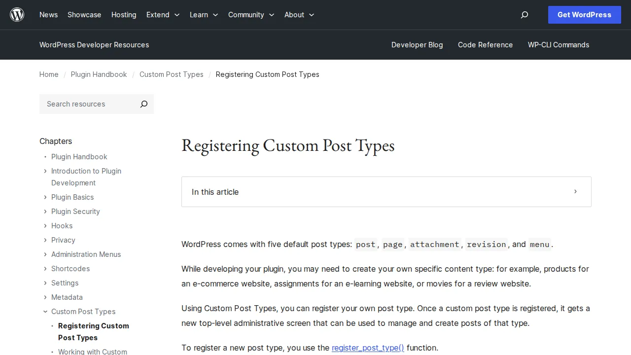 WordPress developer documentation for registering custom post types