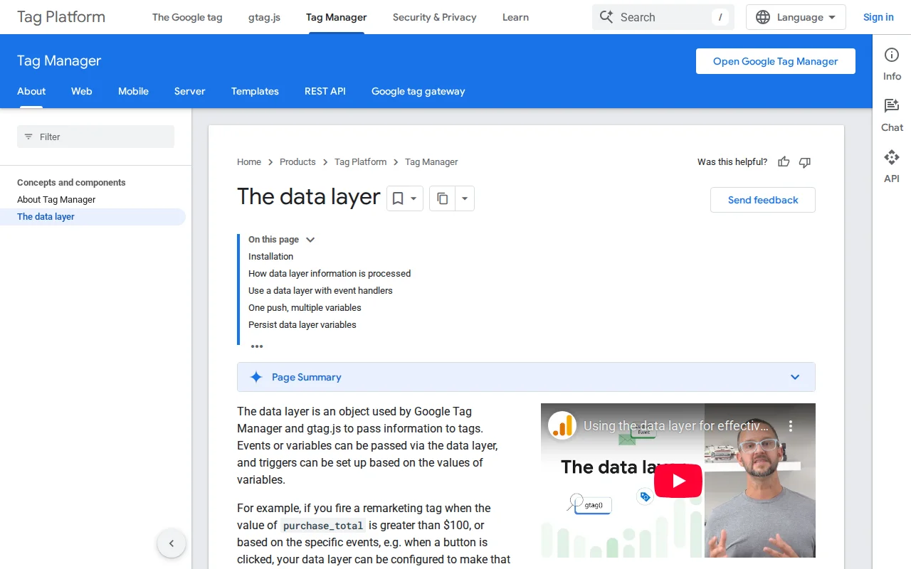 Google Tag Manager developer documentation showing the data layer concept