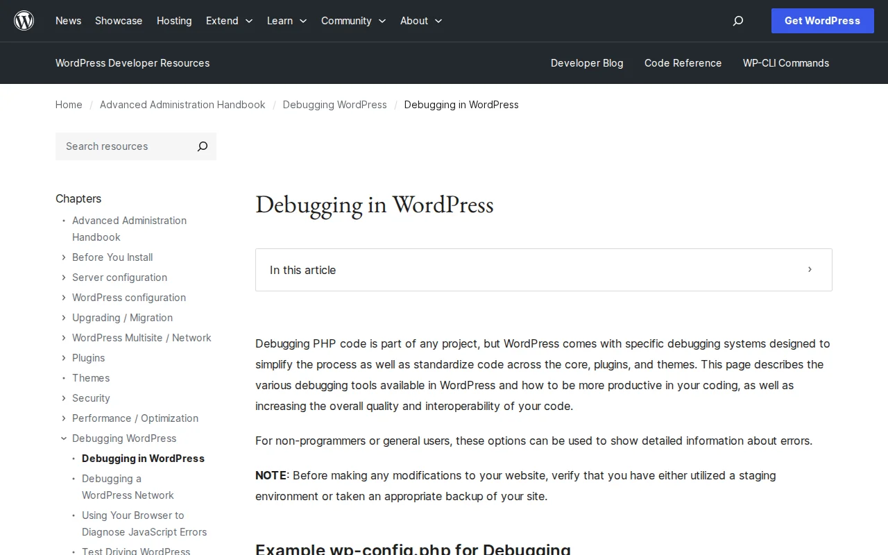 WordPress Debugging documentation on developer.wordpress.org
