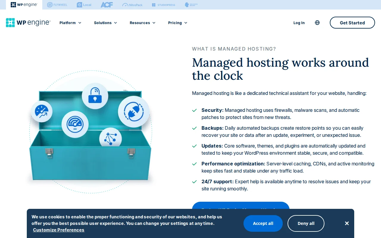 WP Engine managed WordPress hosting page showing enterprise-grade dedicated server plans for high-traffic sites