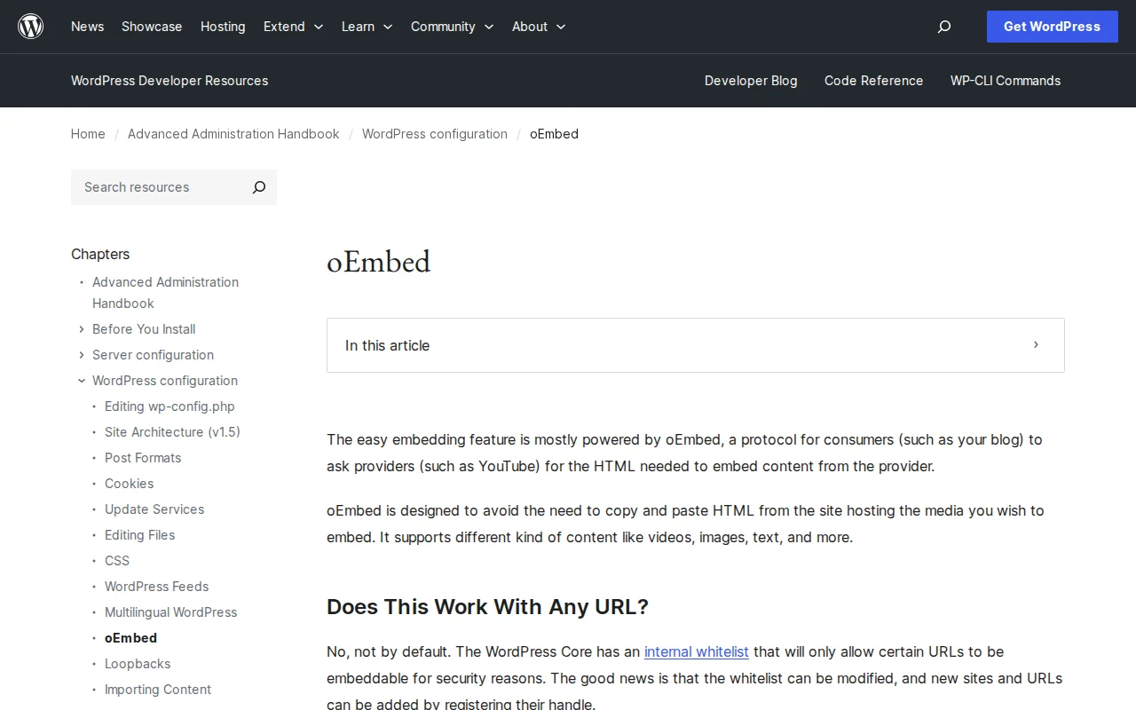 WordPress oEmbed documentation