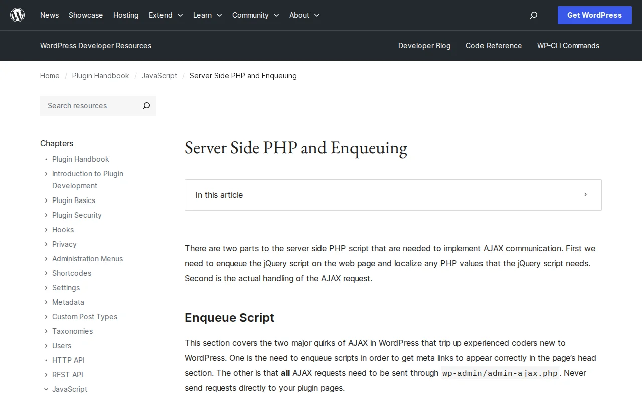 WordPress Enqueuing Scripts documentation in the Plugin Handbook on developer.wordpress.org