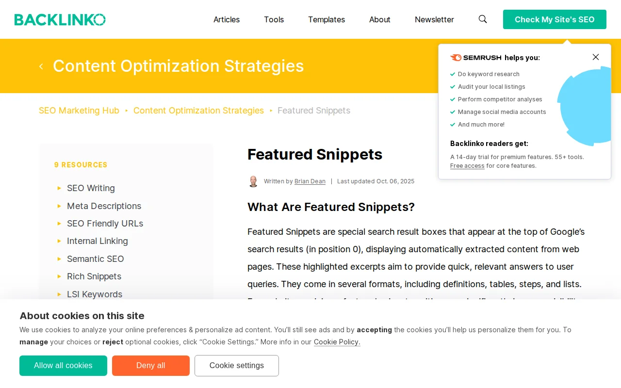 Backlinko guide explaining featured snippets in SEO
