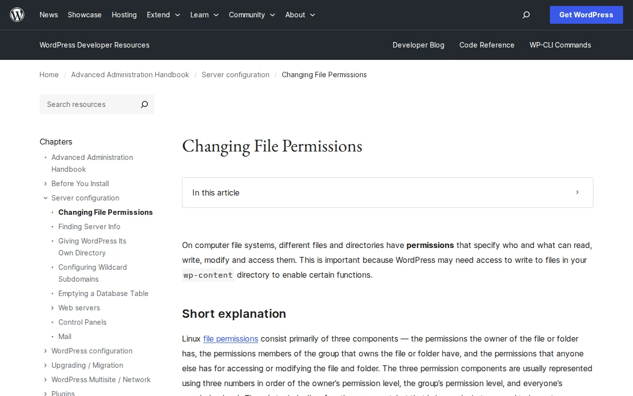 WordPress file permissions documentation on developer.wordpress.org