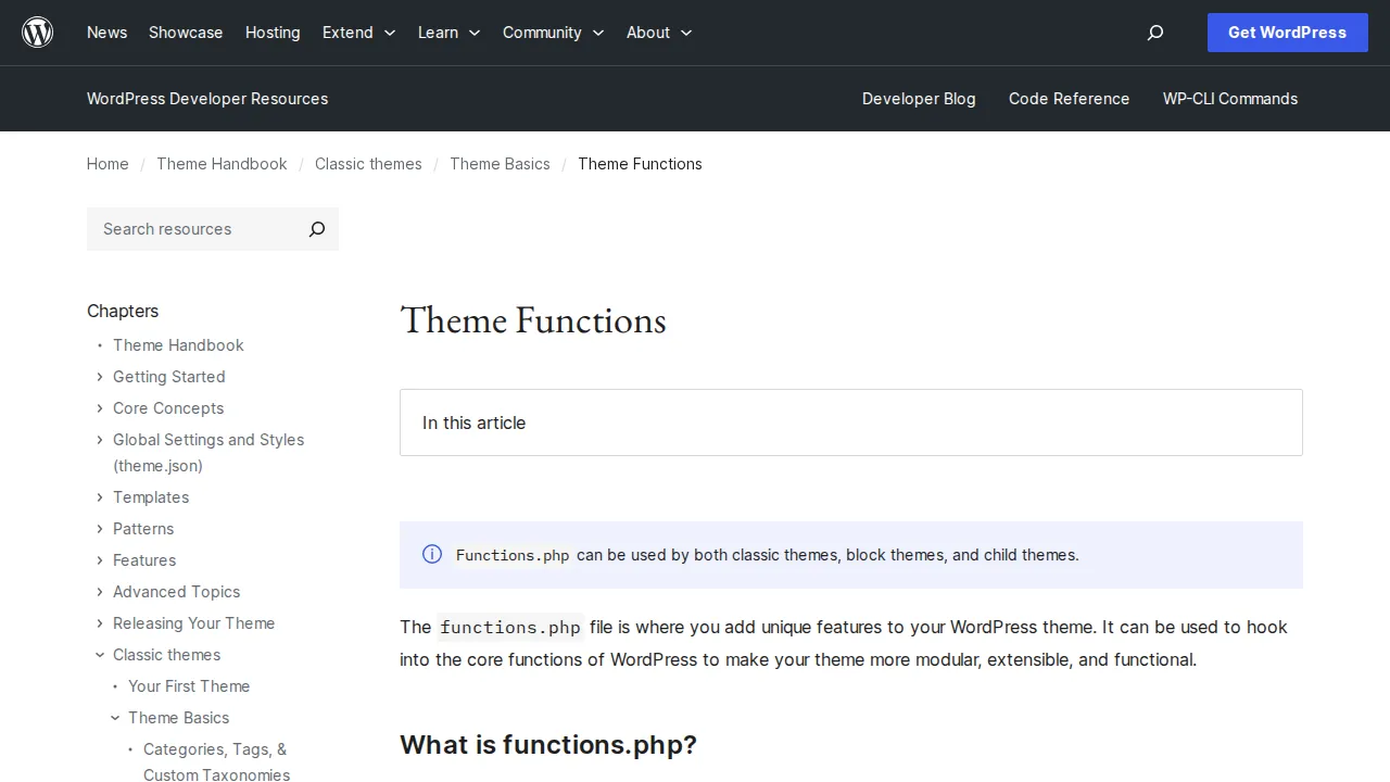 WordPress developer documentation for functions.php — the theme functions file