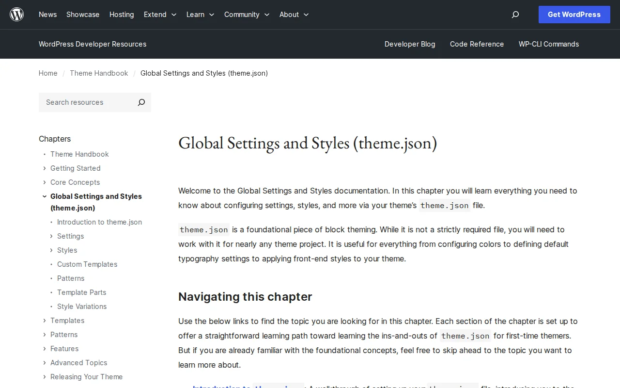 WordPress Global Settings and Styles documentation on developer.wordpress.org