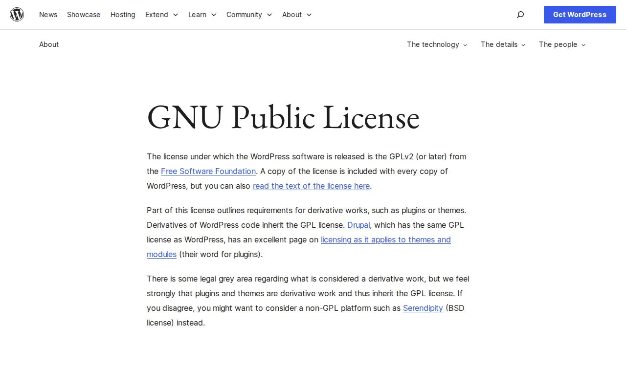 WordPress.org license page explaining the GPL