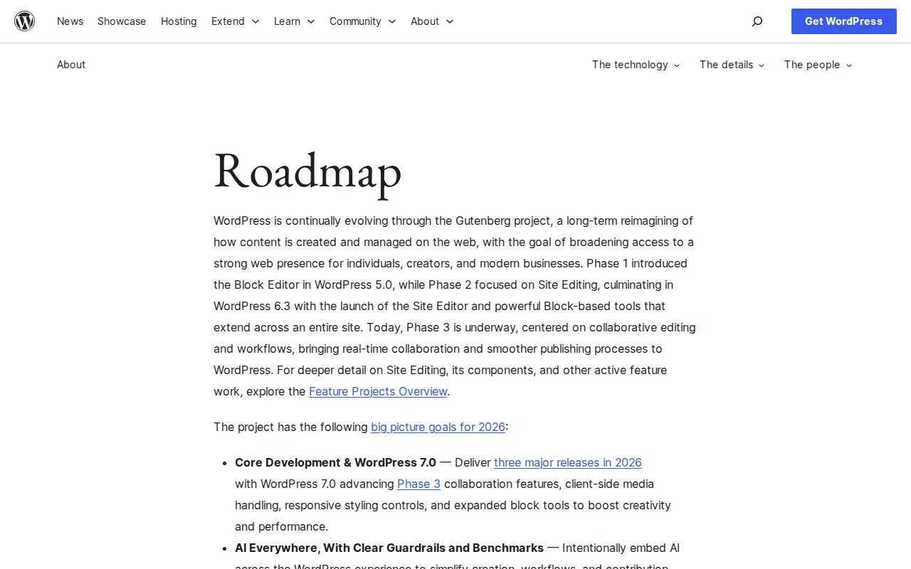 WordPress.org roadmap showing the four phases of the Gutenberg project
