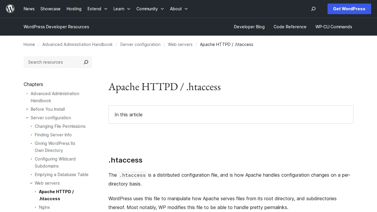 WordPress developer documentation for .htaccess — the Apache server configuration file