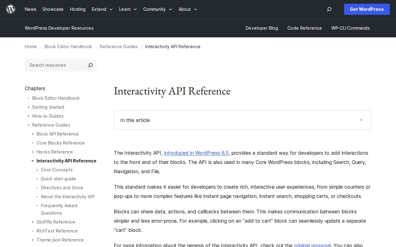 WordPress Interactivity API reference documentation on developer.wordpress.org