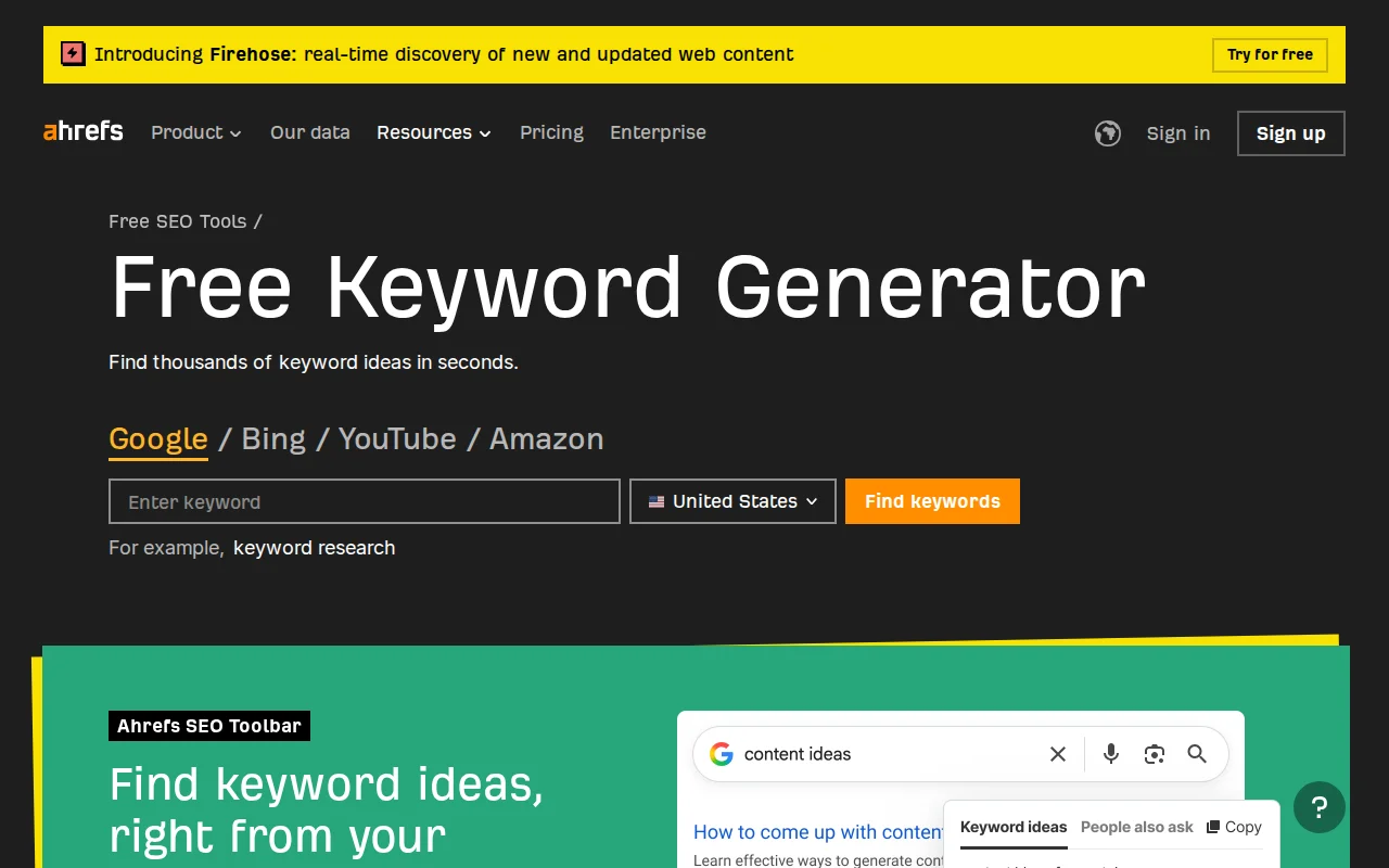 Ahrefs free keyword generator tool — one of the most popular tools for researching WordPress SEO keywords