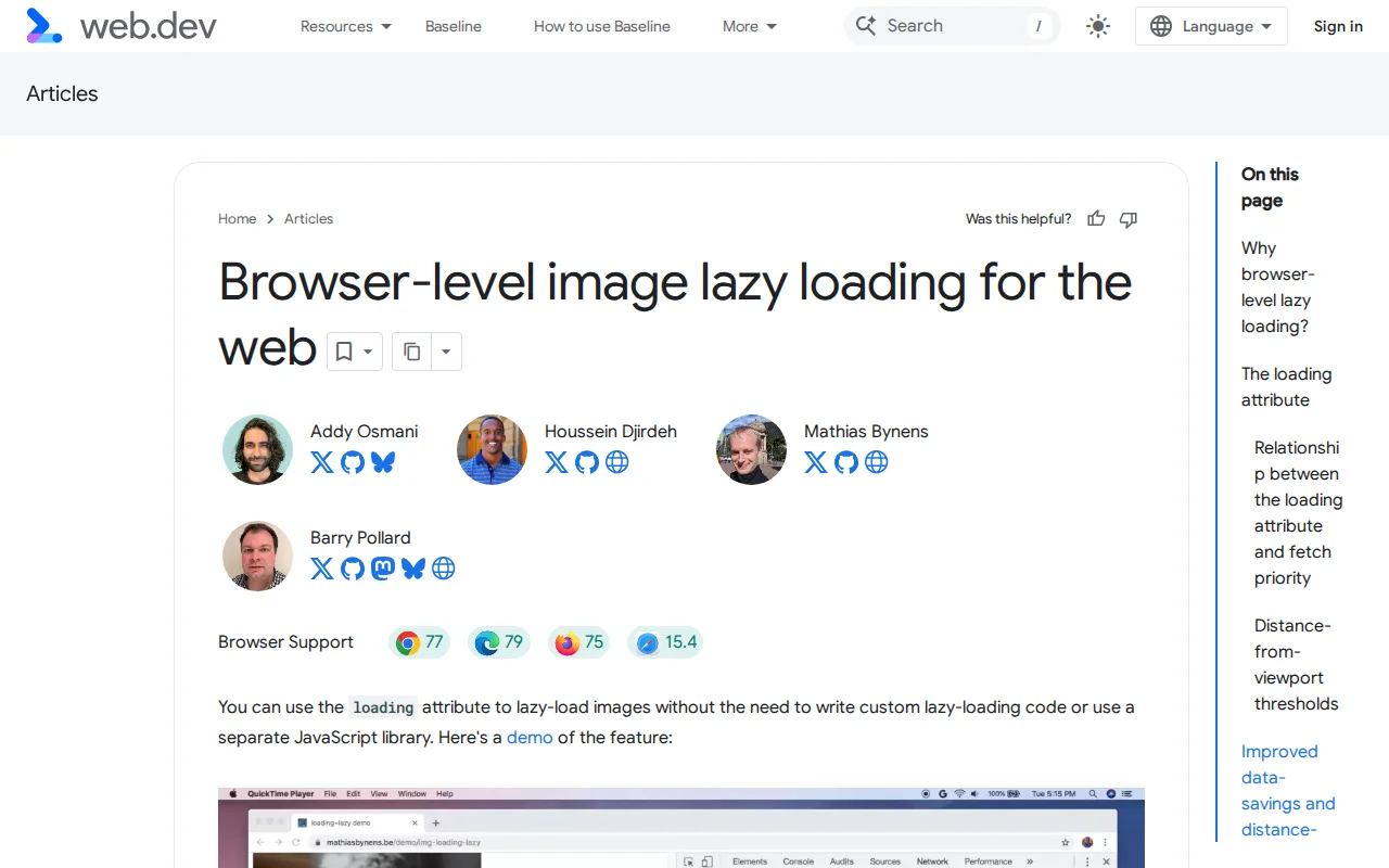 web.dev article on browser-level image lazy loading — Google's official guide to the loading=lazy attribute