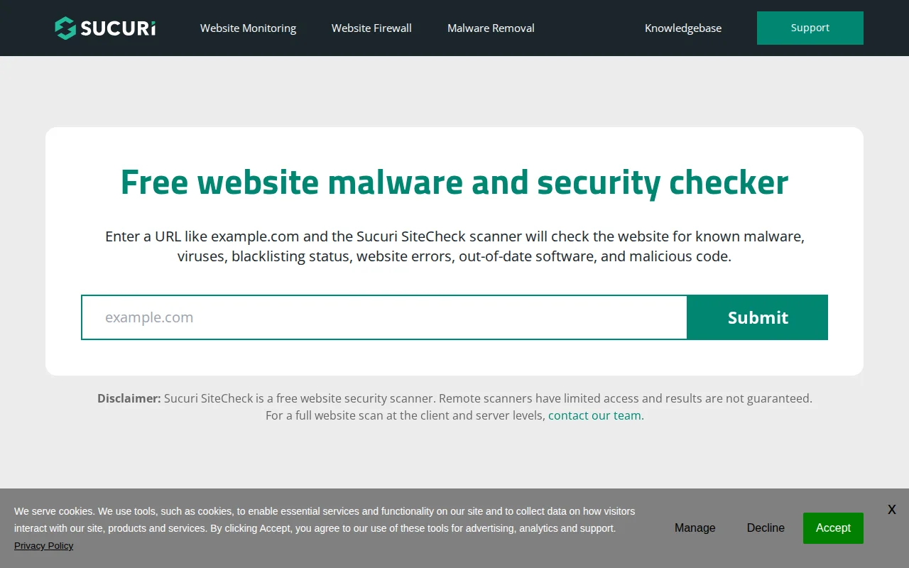 Sucuri SiteCheck — a free online tool to scan your WordPress website for malware, blacklist status, and security issues