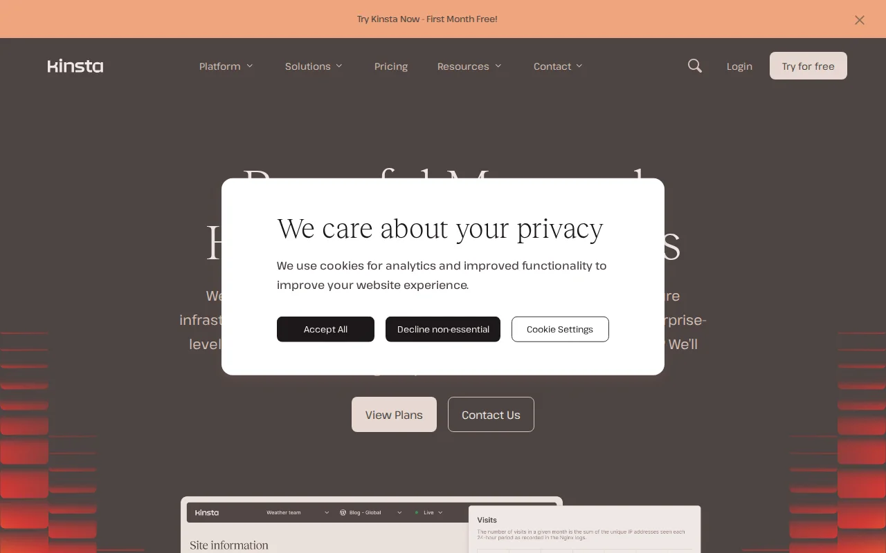 Kinsta managed WordPress hosting page showing Google Cloud-powered plans with CDN, staging, and automatic backups included