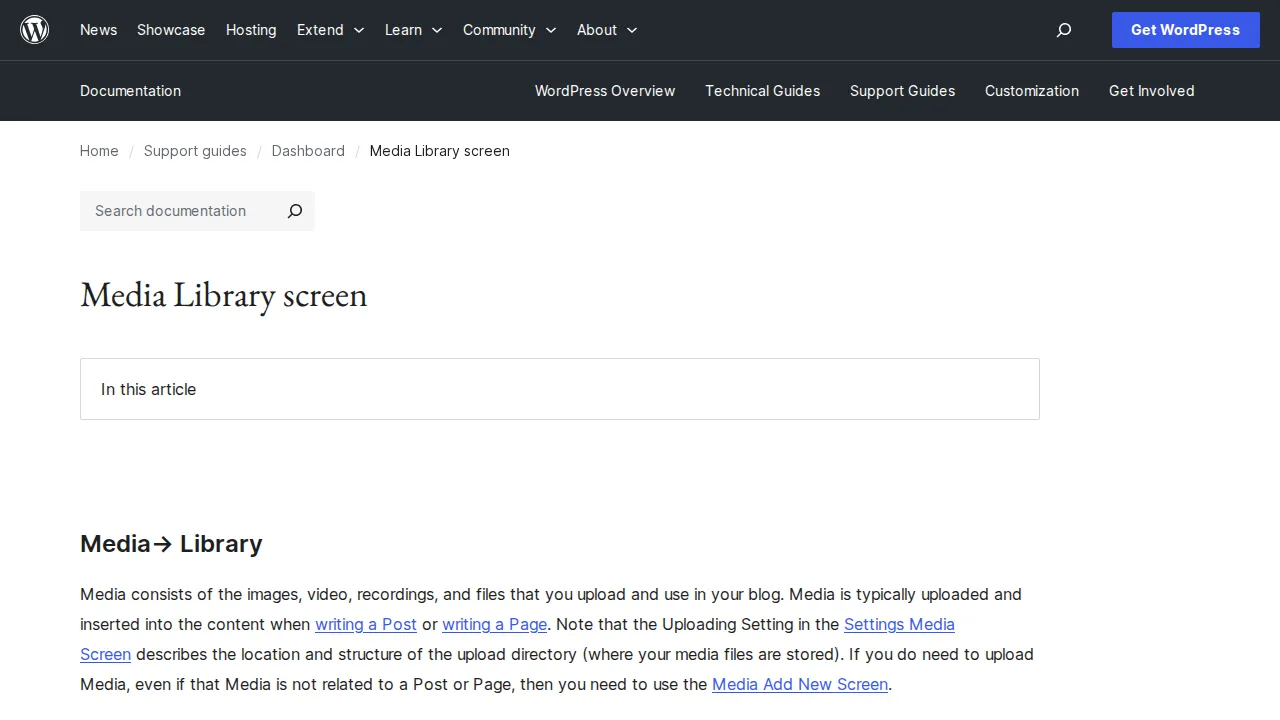 WordPress Media Library documentation