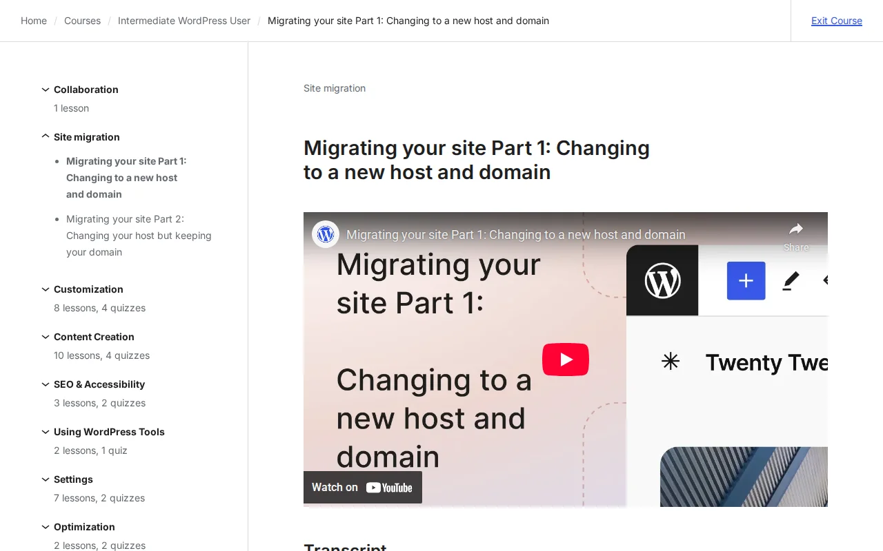 Learn WordPress lesson on migrating your site to a new host and domain