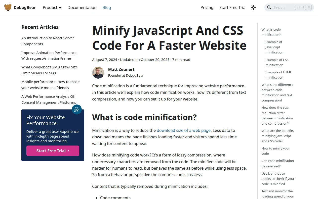 DebugBear guide on minifying JavaScript and CSS code for faster website loading times
