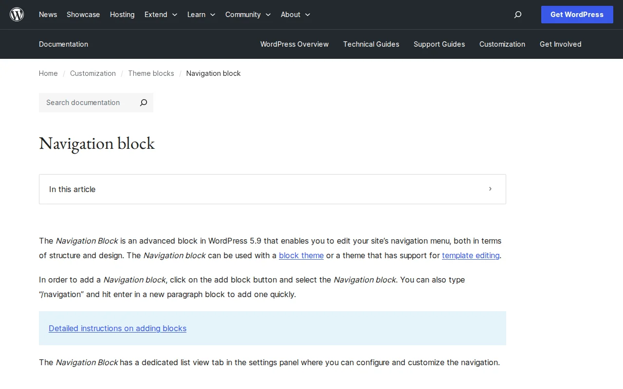 WordPress Navigation block documentation on wordpress.org