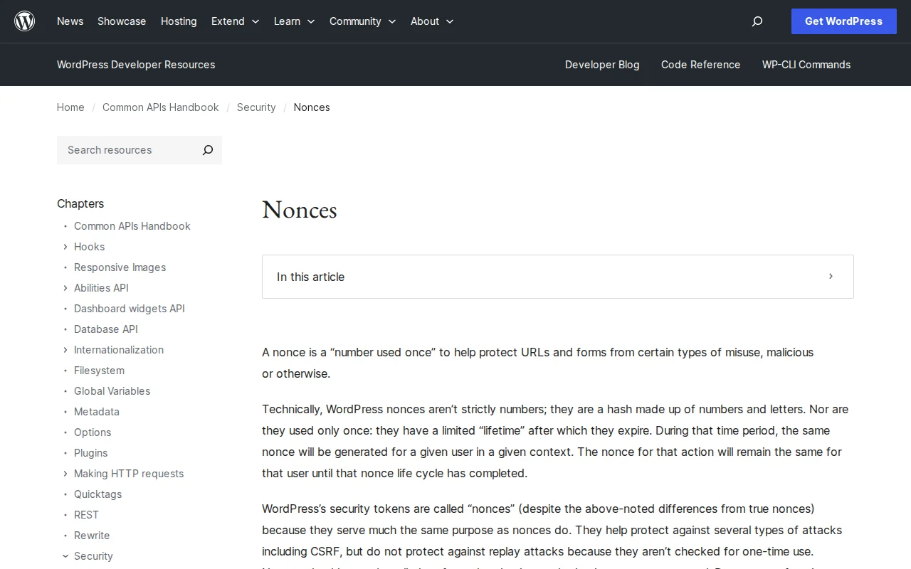 WordPress Developer nonce security documentation
