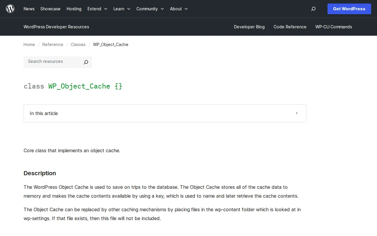 WordPress WP_Object_Cache class documentation on developer.wordpress.org