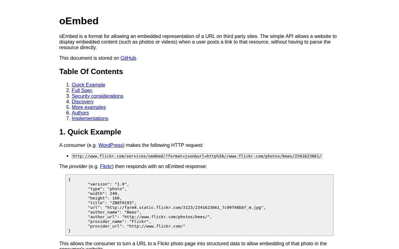 The oEmbed protocol specification at oembed.com — the open standard that powers automatic URL embedding in WordPress