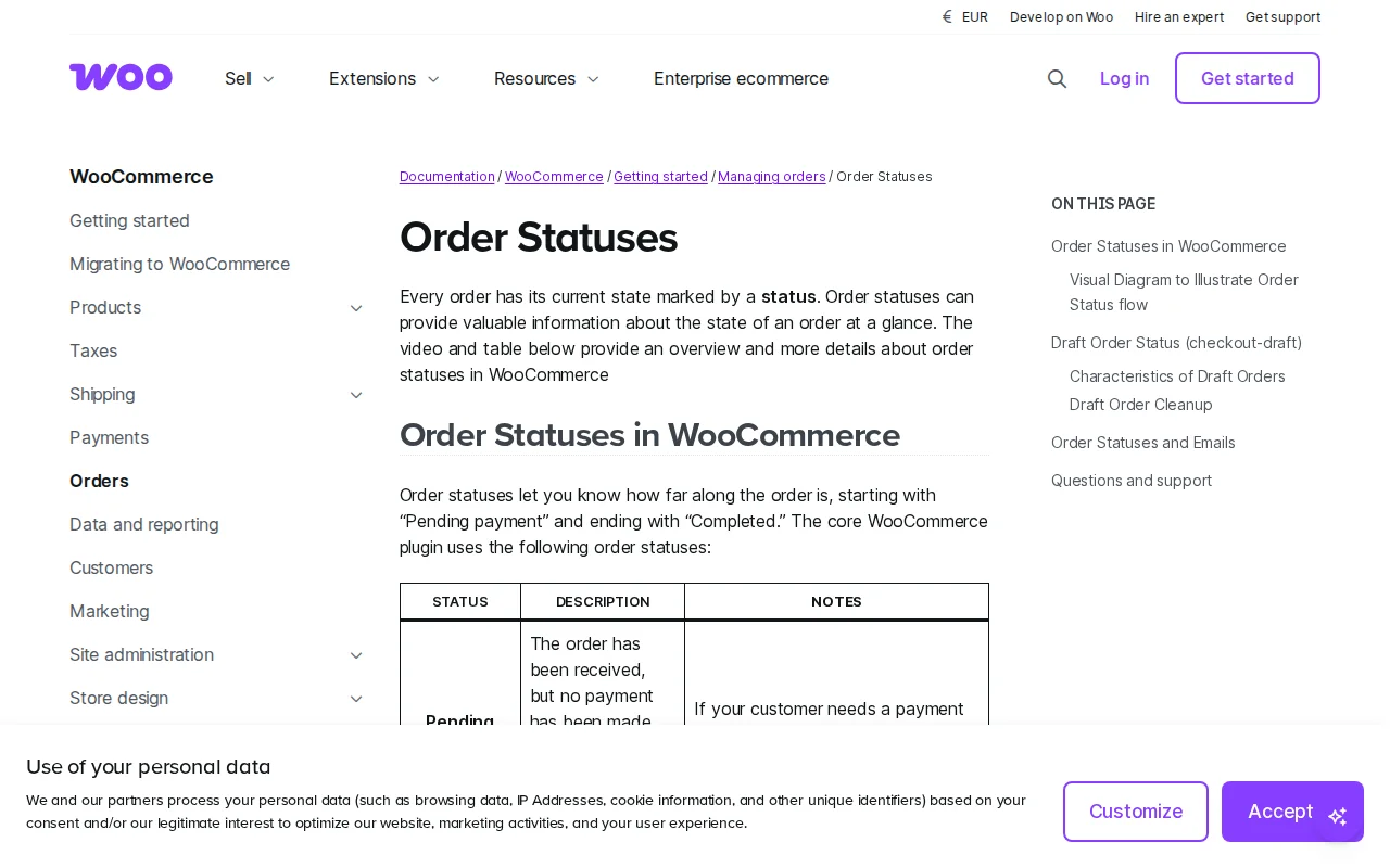 WooCommerce order statuses documentation — official guide to the order lifecycle
