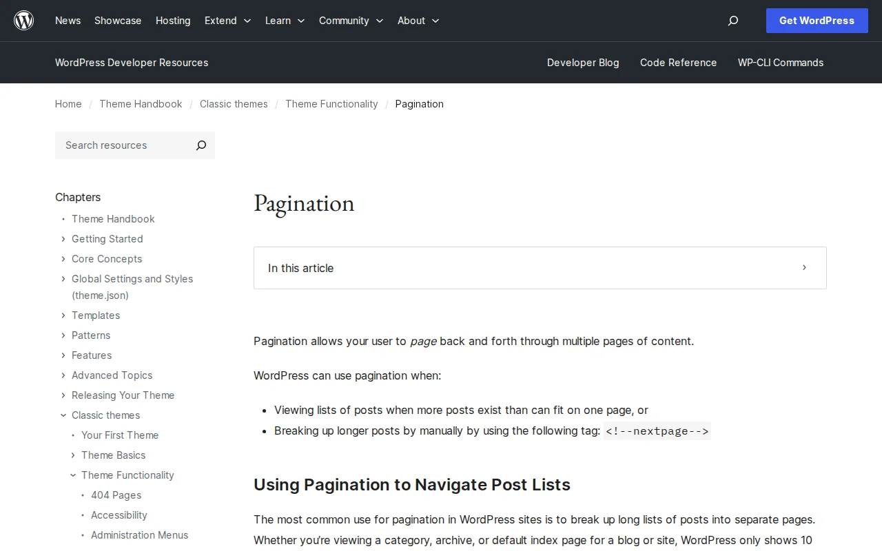 WordPress Pagination documentation in the Theme Handbook on developer.wordpress.org