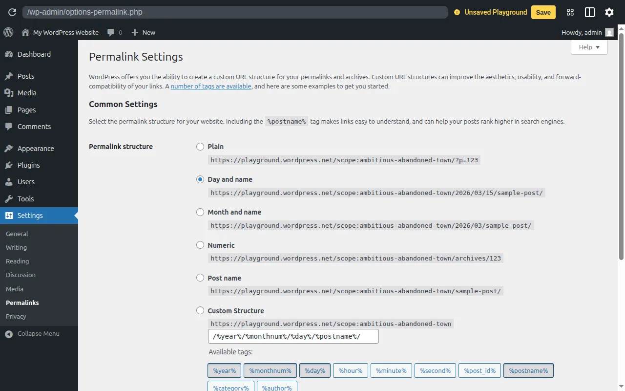 WordPress permalink settings screen showing URL structure options