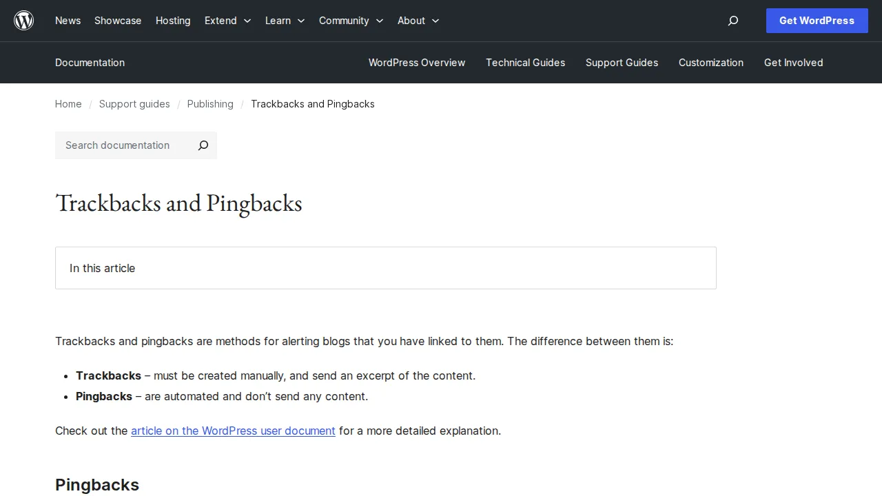 WordPress pingback documentation