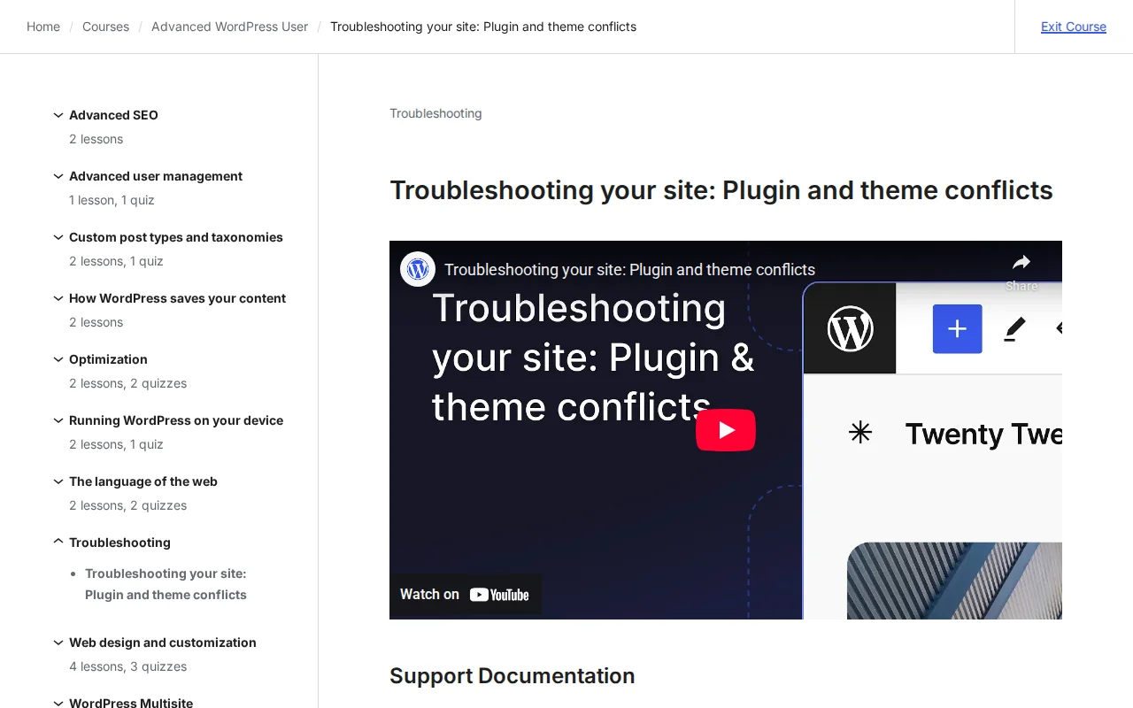 Learn WordPress lesson on troubleshooting plugin and theme conflicts