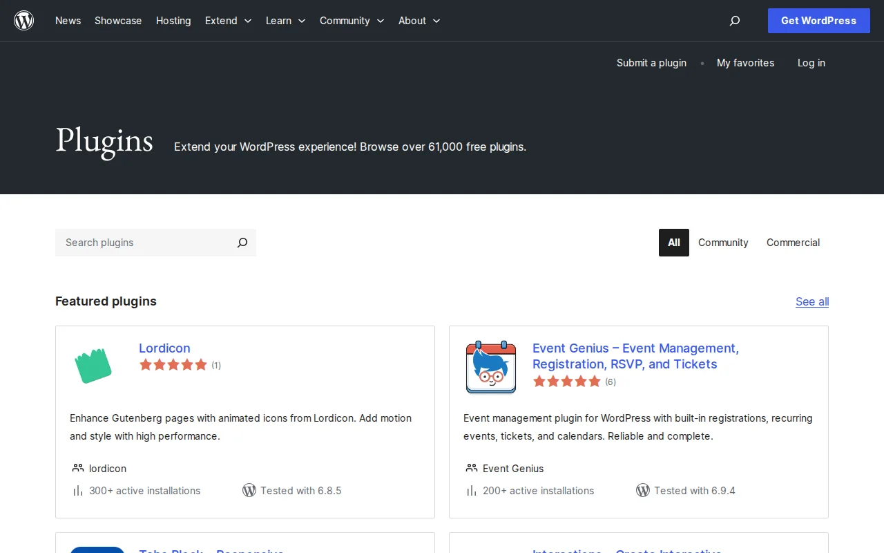 WordPress.org Plugin Directory homepage showing searchable free plugins