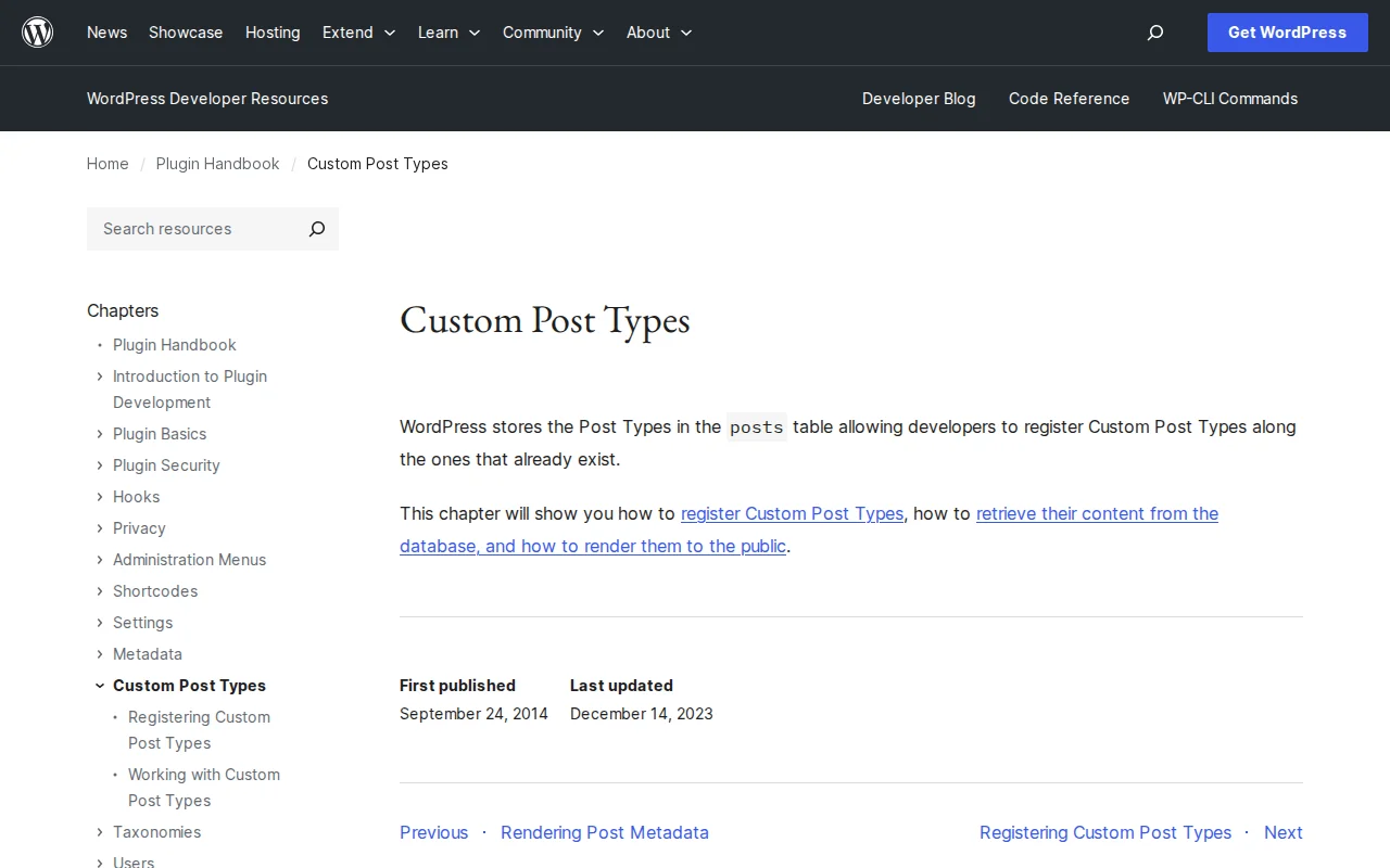 WordPress Post Types documentation in the Plugin Handbook on developer.wordpress.org