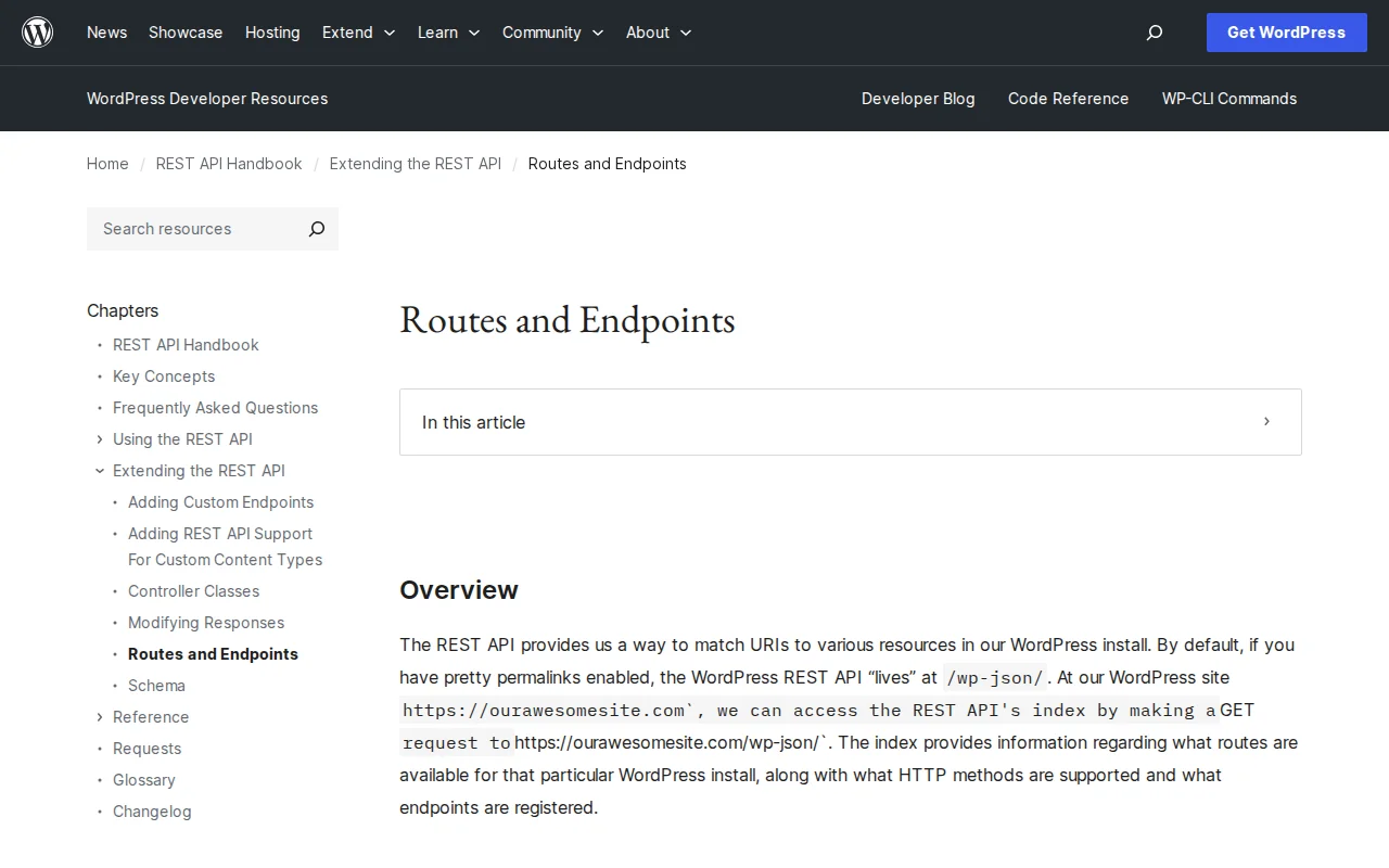 WordPress REST API Routes and Endpoints documentation on developer.wordpress.org