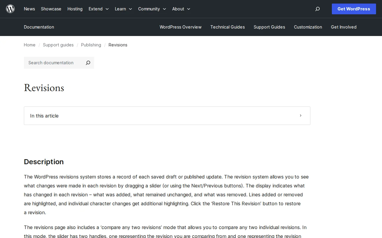 WordPress Revisions documentation on wordpress.org