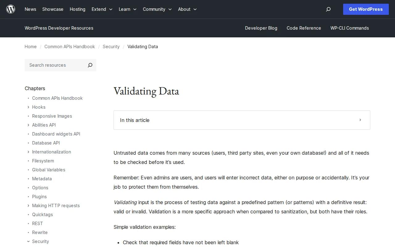 WordPress developer documentation page explaining data sanitization, validation, and escaping functions