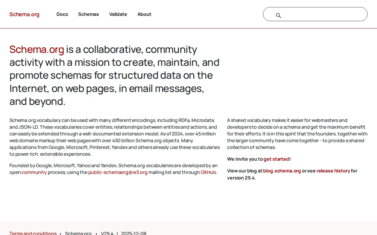 Schema.org homepage — the official vocabulary used to add structured data markup to websites for better search engine understanding