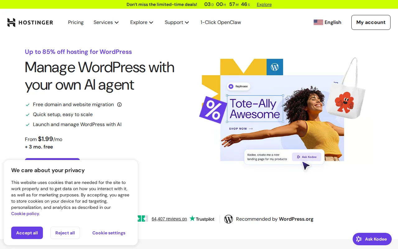 Hostinger shared WordPress hosting plans page showing affordable pricing tiers for beginners