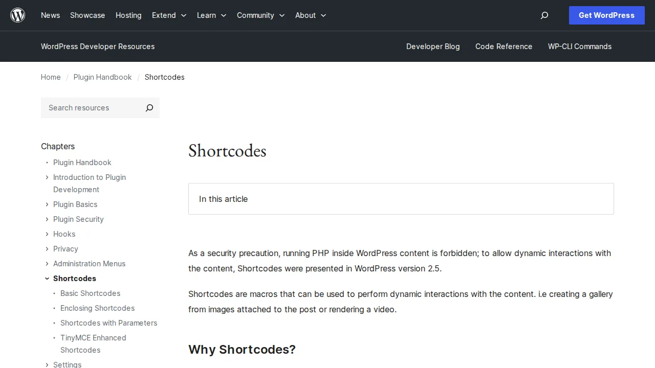 WordPress developer documentation for shortcodes — macros for dynamic content