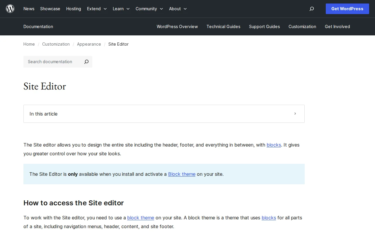 WordPress Site Editor documentation on wordpress.org