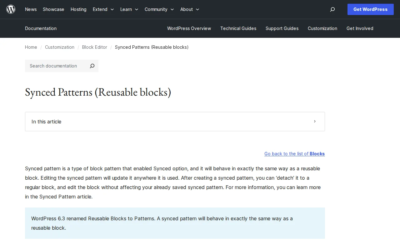 WordPress Synced Patterns documentation on wordpress.org