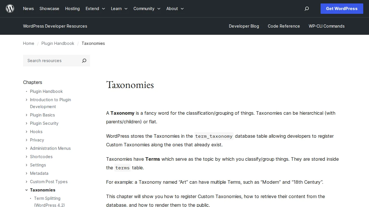 WordPress developer documentation for taxonomies