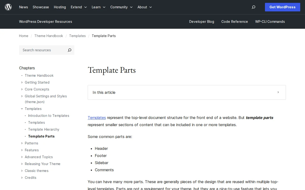 WordPress developer documentation for template parts in block themes