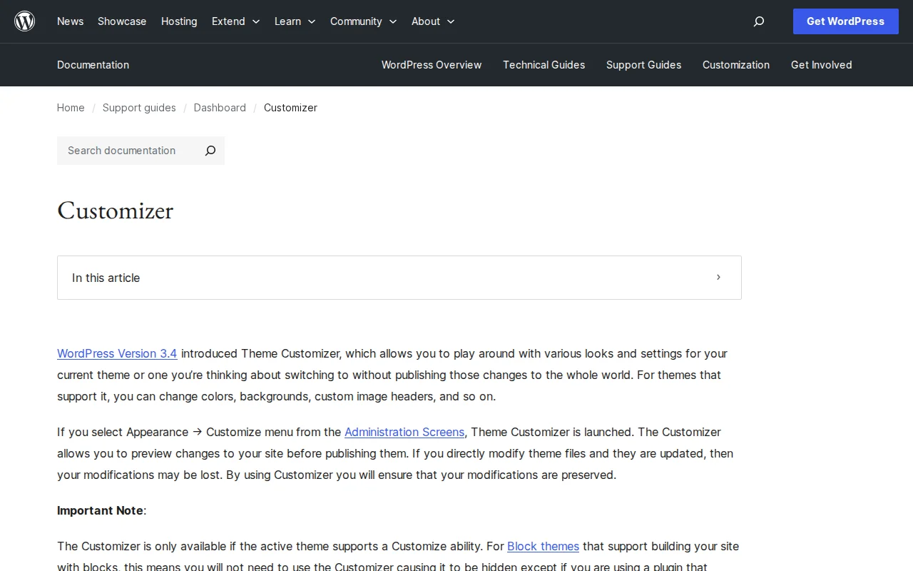 WordPress Customizer documentation on wordpress.org