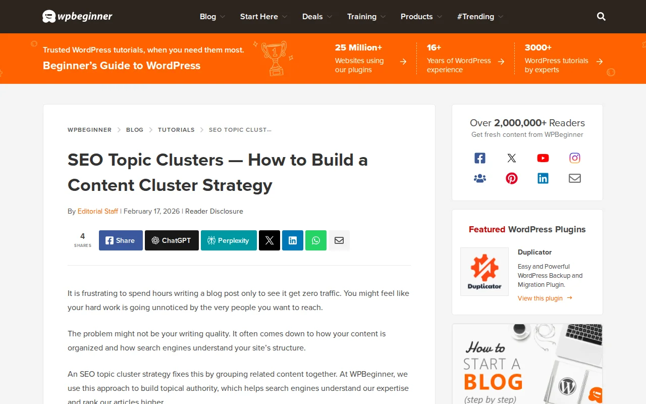 WPBeginner guide on SEO topic clusters and content cluster strategy