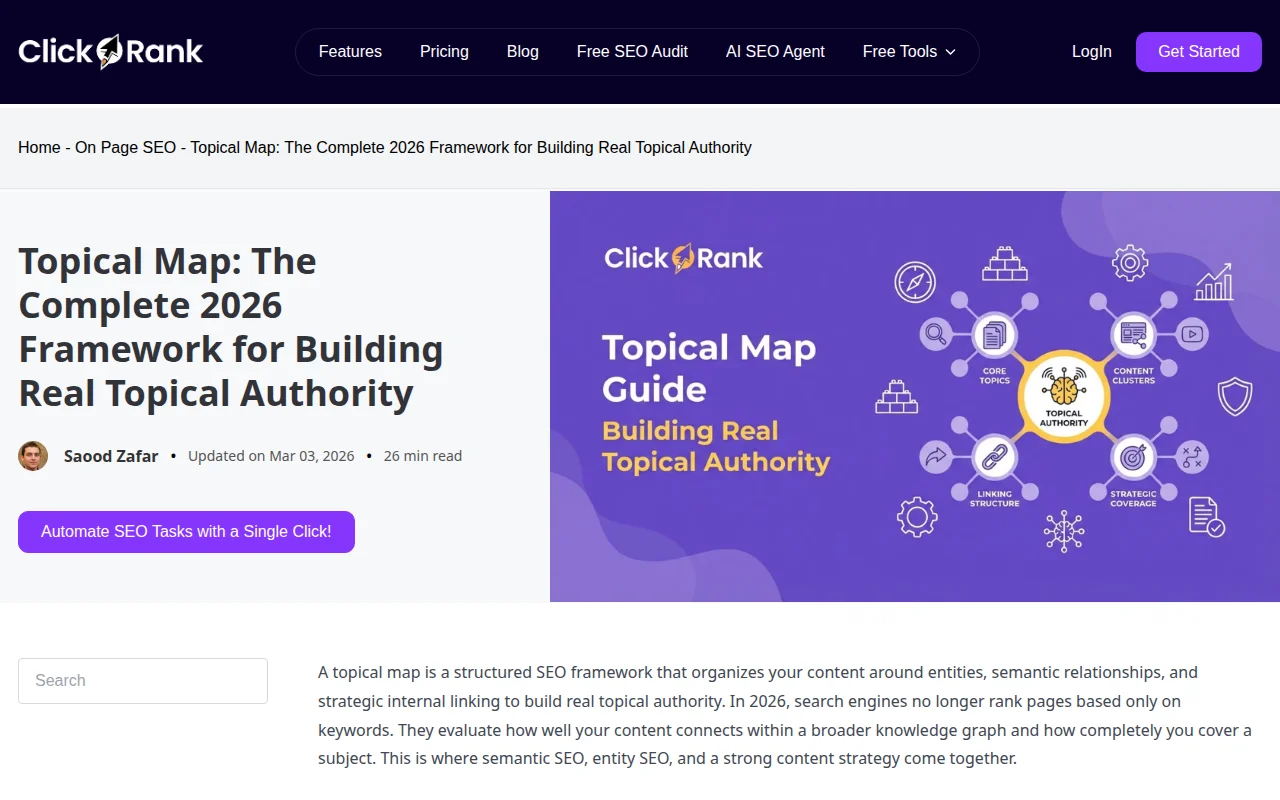 ClickRank guide explaining topical maps for SEO in 2026