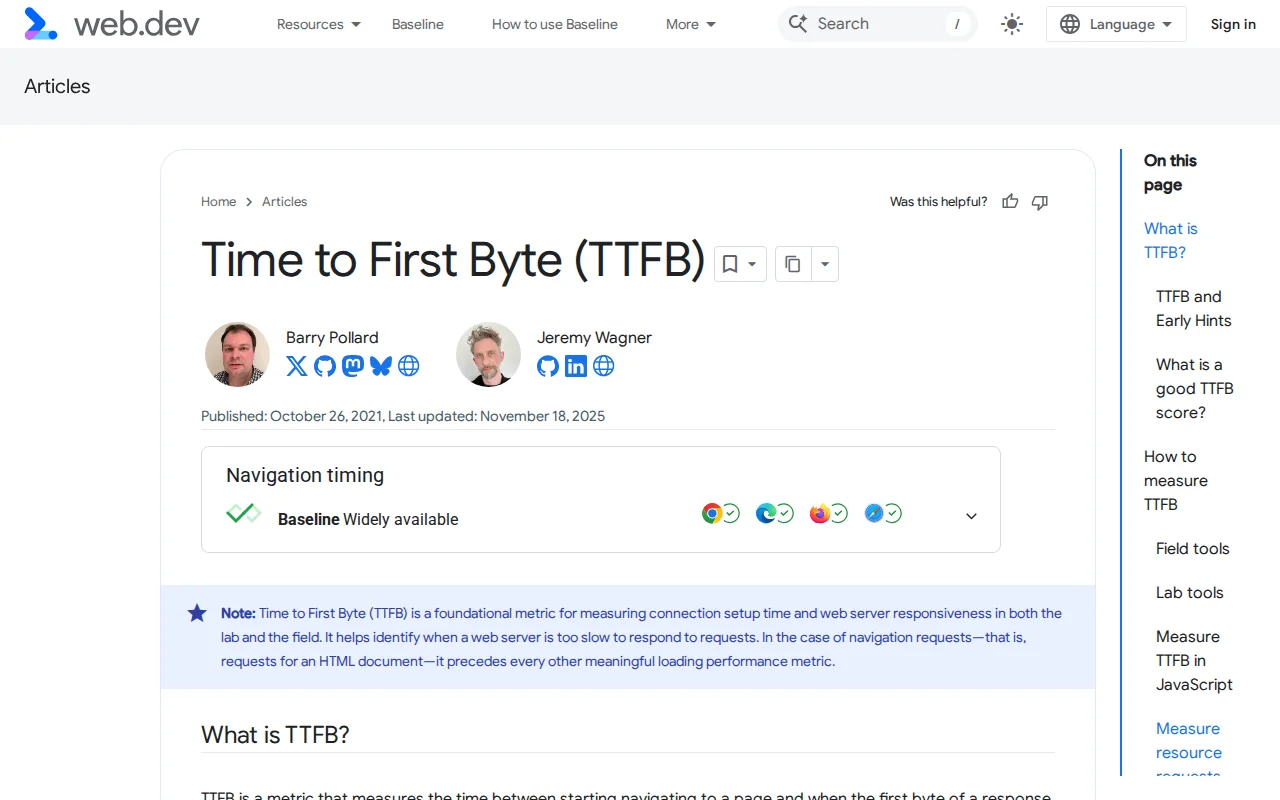 web.dev article on Time to First Byte (TTFB) — Google official guide on measuring and optimizing server response time