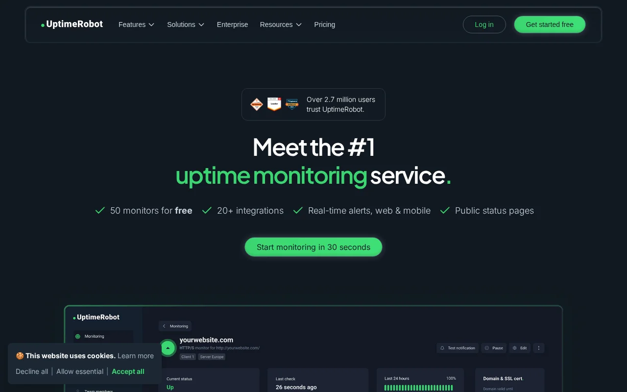 UptimeRobot website monitoring service homepage — a popular free tool for tracking your WordPress site uptime