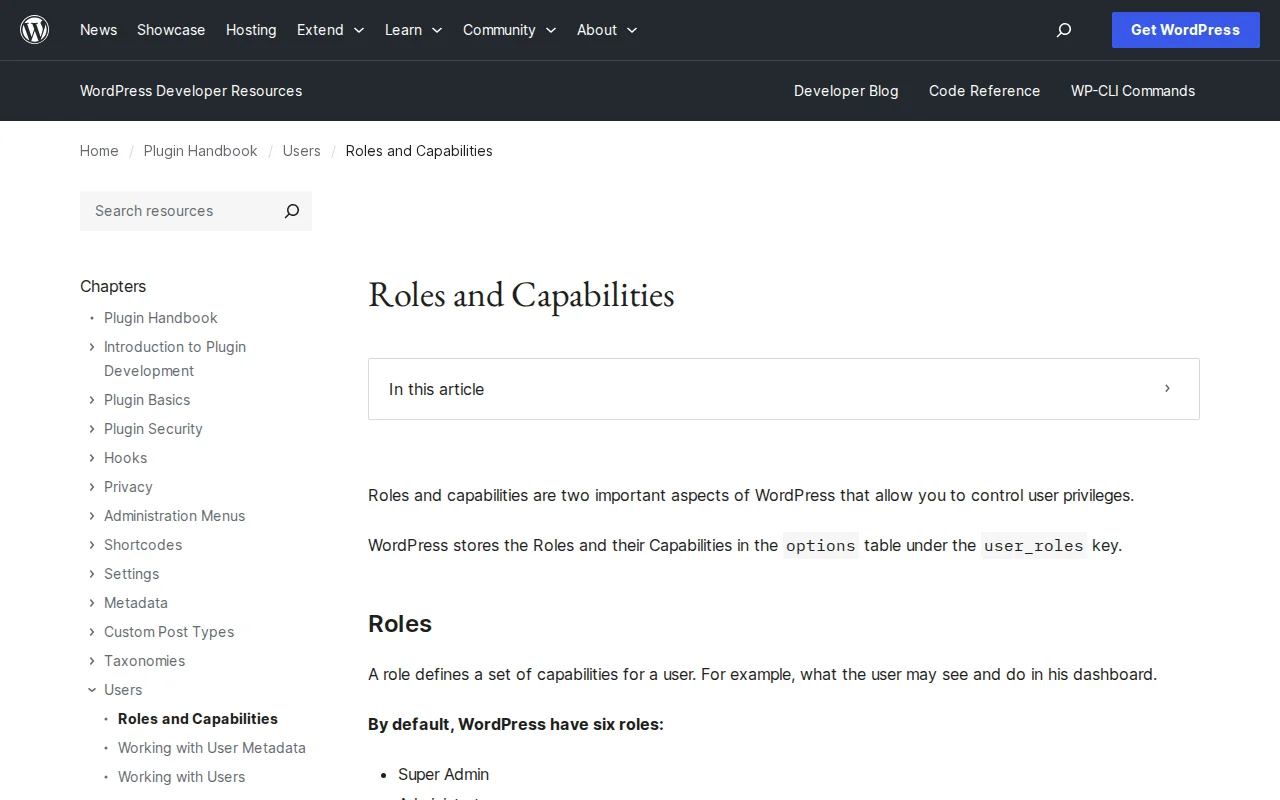 WordPress Developer documentation on Roles and Capabilities — the official guide to the user permission system
